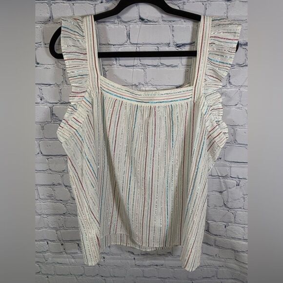 LOFT Shimmer Striped Ruffle Square Neck Flutter Cap Sleeve Boho Beach Top L - Picture 1 of 8